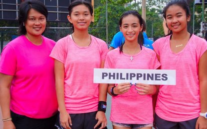 <p>The members of the Philippine team which competed in the Junior Fed Cup pre-qualifying tournament held recently in Colombo, Sri Lanka. From left are Czarina Mae Arevalo (coach), Patricia Lim, Angelica Alcala and Amanda Gabrielle Zoleta. <em>(Photo courtesy of <a href="http://www.papare.com">www.papare.com</a>)</em></p>